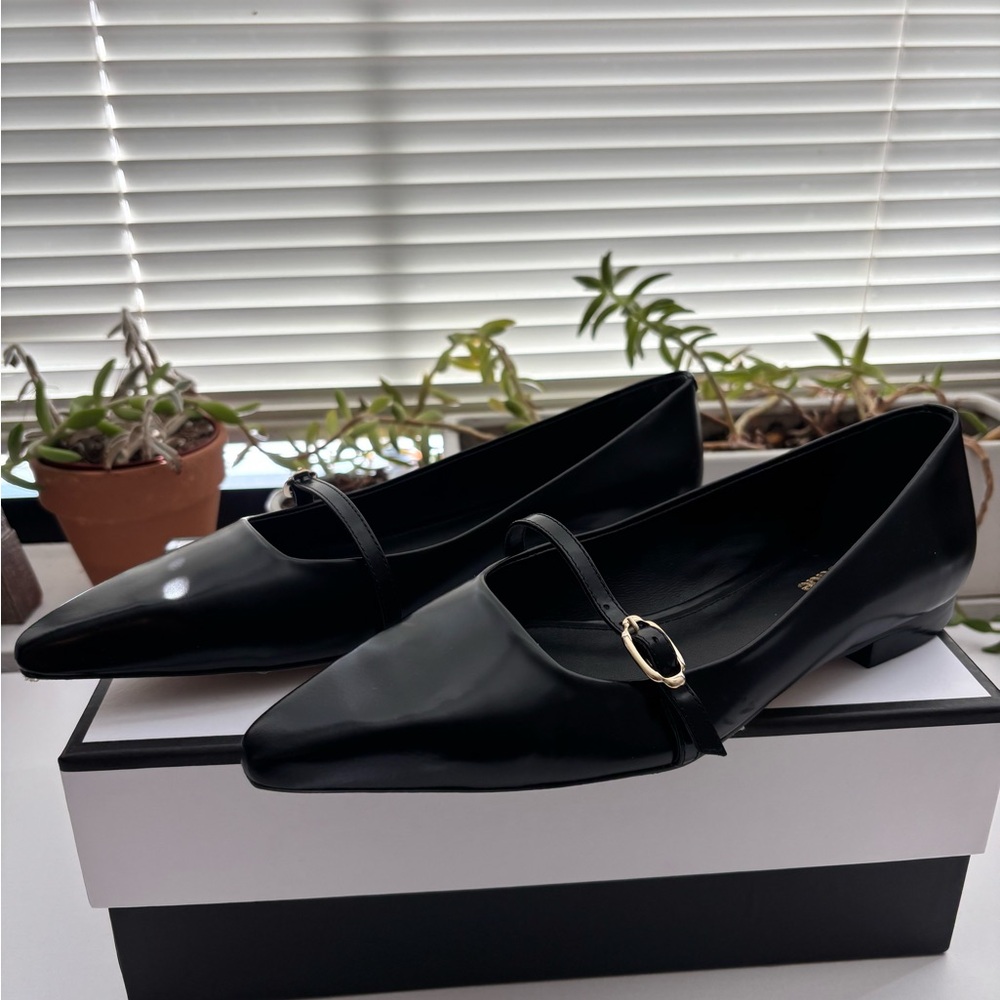 Larroude Black Irene Flats with Champagne Buckle